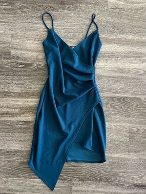Blue Blush Teal Asymmetrical Slip Dress with Drape Detail Size Small